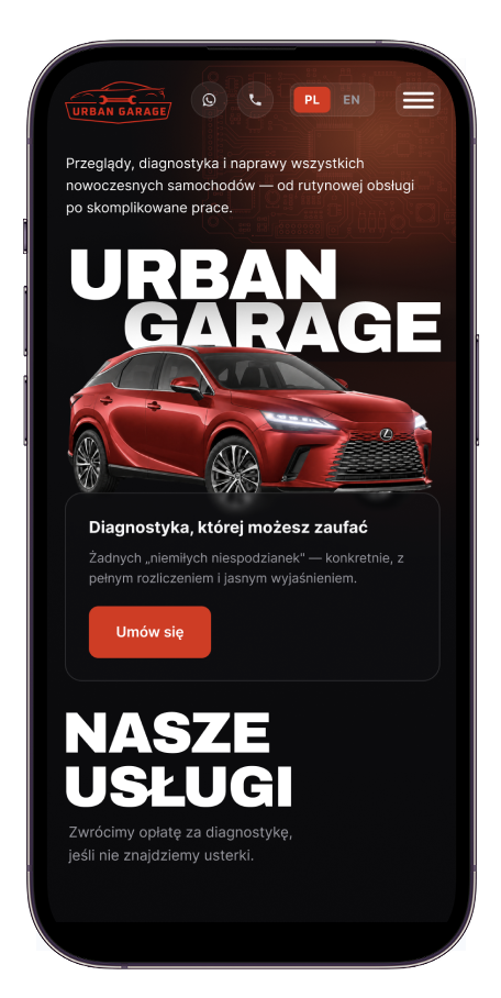 Strona Urban Garage na telefonie