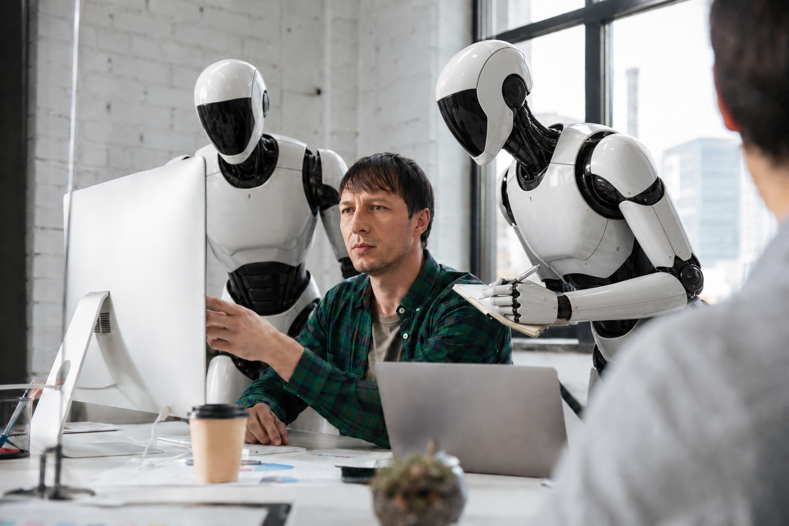 Człowiek i roboty pracują razem przy komputerze w biurze