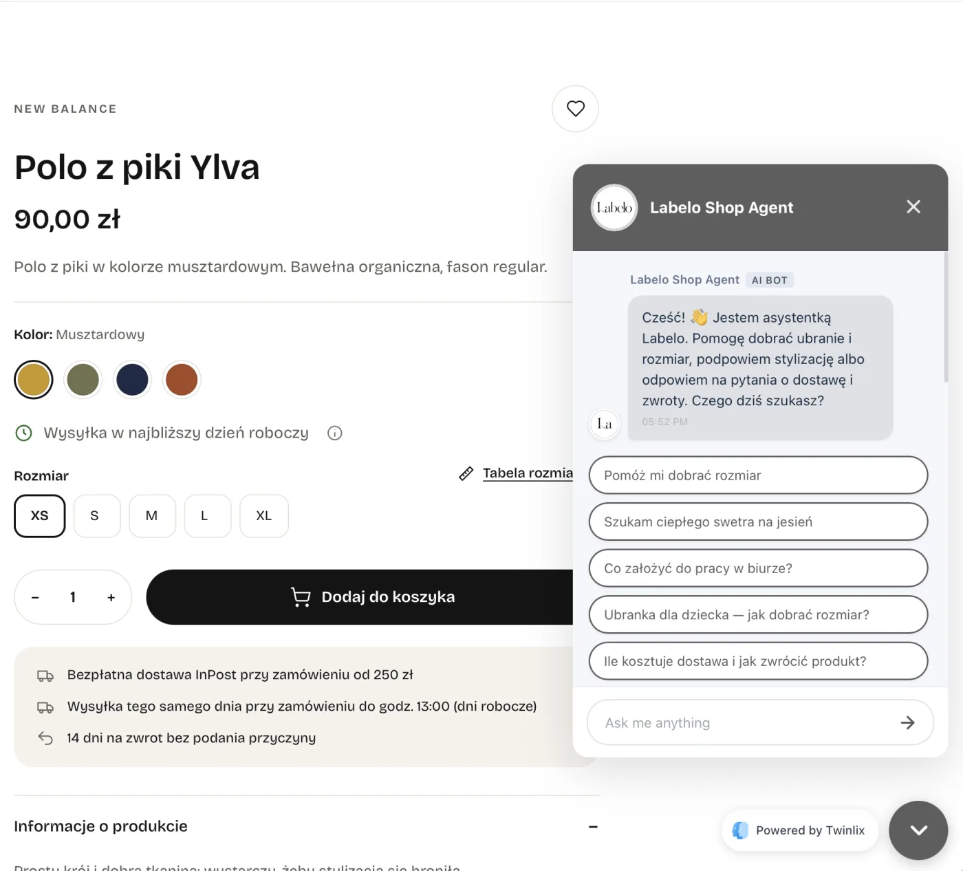 Karta produktu w sklepie Labelo z otwartym czatbotem Twinlix